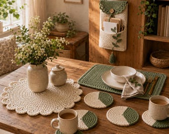 Pacchetto di modelli digitali per uncinetto: centrino, tovaglietta, sottobicchiere, organizer da parete, decorazioni per la casa in stile cottage in formato PDF, download immediato adatto ai principianti.