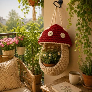 May include: A whimsical, handmade crochet mushroom planter in red and cream, with white polka dots. The mushroom-shaped planter is suspended by cream-colored cords and filled with daisies. The scene includes other potted plants and a cozy outdoor setting.