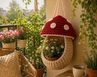 Crochet Mushroom Hanging Basket Pattern PDF | Boho Wall Storage Organizer Instant Download