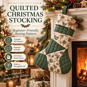 May include: A quilted Christmas stocking sewing pattern featuring text that reads Holiday Home Sewing Series, Quilted Christmas Stocking, Beginner-Friendly Sewing Pattern, Printable PDF Pattern, Beginner Friendly, Christmas Home Decor, Makes a Thoughtful Gift.