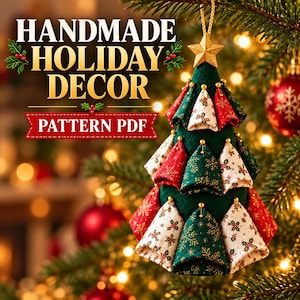 Puede incluir: Un adorno de árbol de Navidad de tela con piezas triangulares superpuestas en rojo, verde y blanco con patrones de copos de nieve y acebo, rematado con una estrella dorada. El texto dice HANDMADE HOLIDAY DECOR PATTERN PDF.