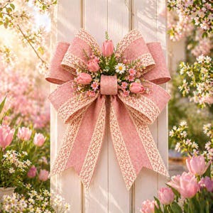 May include: A large decorative bow made of dusty pink fabric with white lace trim edges. The centre of the bow is adorned with a cluster of artificial pink tulips, small white daisies, and tiny pink filler flowers, creating a floral arrangement.