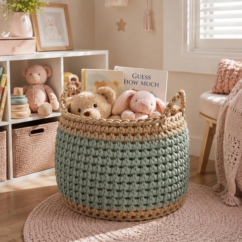 May include: A round, two-toned crochet basket in shades of blue and beige, filled with stuffed animals and books. The basket sits on a pink rug, with a bookshelf and other decorative items in the background. The book reads "Guess How Much".