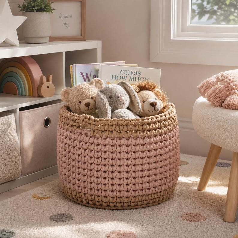 May include: A round, pink and tan crochet basket filled with stuffed animals and books. The basket contains a teddy bear, a bunny, and a lion. The books are titled "W" and "Guess How Much". The basket sits on a patterned rug.