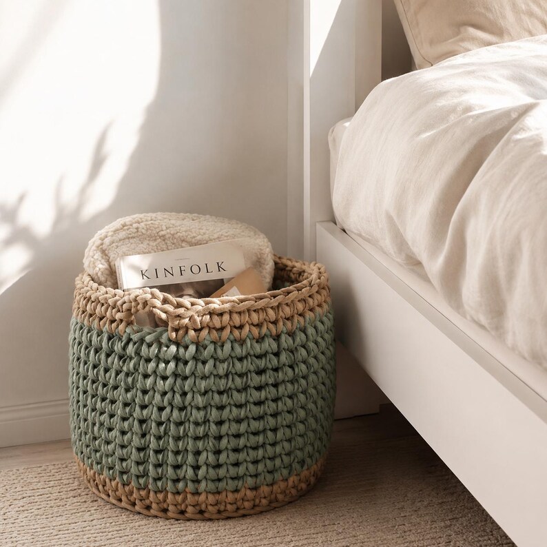 May include: A round, hand-crocheted storage basket with a two-tone design. The lower section is sage green, and the upper rim is a natural beige. The basket contains a folded cream-colored blanket and a magazine with the word "KINFOLK" on the cover.