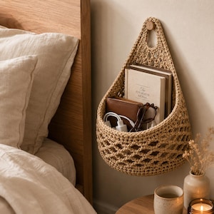 May include: A beige, crocheted hanging basket, secured to the wall with a wooden button. Inside the basket are a book, wallet, charging cable, and glasses. The book is titled "The Five Minute Journal". The basket hangs near a bed.