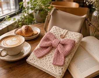 Patrón PDF para funda de libro a crochet, punto estrella, lazo 3D, cierre de botón (descarga digital)