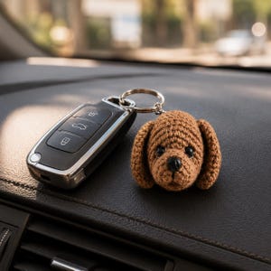 Puede incluir: Un llavero con forma de cabeza de perro tejida a ganchillo en color marrón, unido a una llave de coche negra y plateada. El perro tiene ojos redondos oscuros y una pequeña nariz negra, con puntadas de hilo visibles. El anillo une ambos objetos.