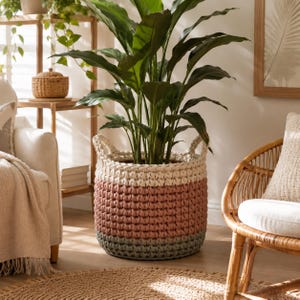 May include: A large, round, woven plant basket in a living room setting. The basket is multi-toned, with sections of cream, dusty rose, and gray. It contains a large green plant. The room also features a wicker chair and a wooden shelf.