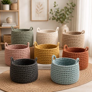 May include: A collection of handmade, round crochet baskets in various colors, including green, pink, yellow, orange, blue, and black. Each basket has two small handles. The baskets are displayed on a neutral-toned rug and wooden shelf.