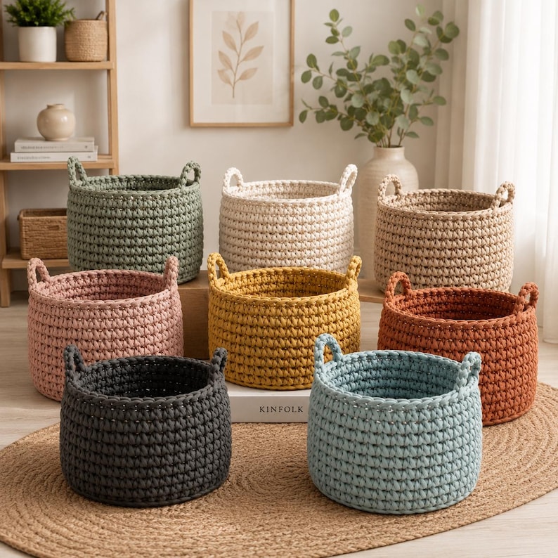 May include: A collection of handmade, round crochet baskets in various colors, including green, pink, yellow, orange, blue, and black. Each basket has two small handles. The baskets are displayed on a neutral-toned rug and wooden shelf.