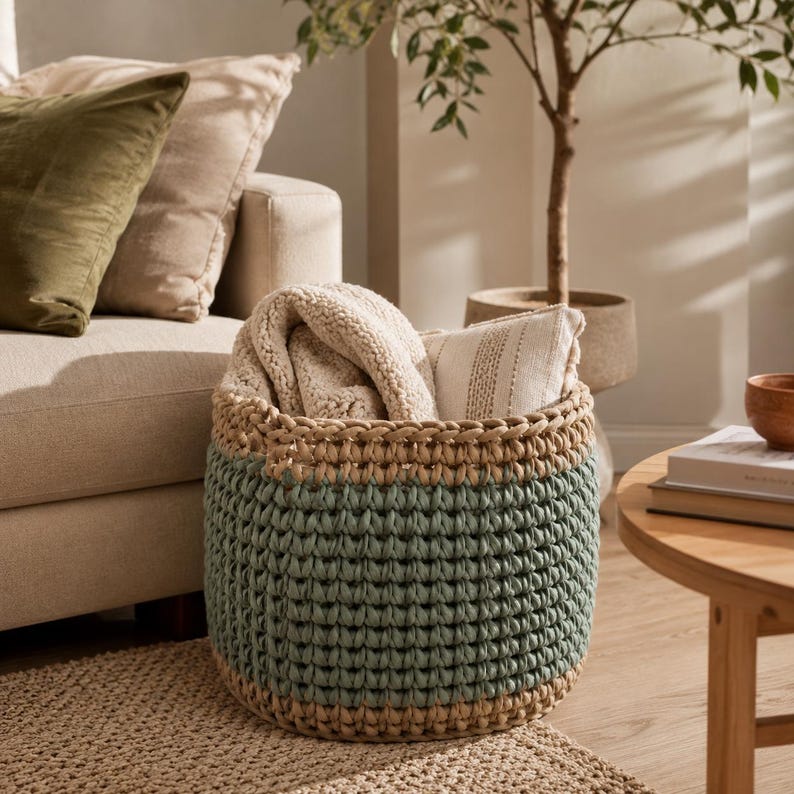 May include: A round, woven storage basket with a two-tone design. The lower portion is a muted green, and the upper rim is a natural tan color. The basket is filled with a cream-colored blanket and a striped pillow, perfect for home decor.