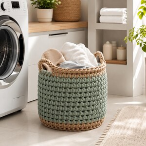 May include: A round, sage green and tan crochet laundry basket filled with folded white and beige towels and clothing. The basket has two handles and sits on a tiled floor. A washing machine is visible in the background.