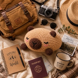 Puede incluir: Un peluche de capibara de ganchillo color canela con detalles en marrón oscuro, una mochila de lona marrón, una cámara de película vintage, gafas de sol negras, un sombrero de paja, un cuaderno con el texto 'Explore the World', un pasaporte, una postal y una taza con el texto 'The Mountains Are Calling'.
