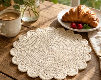 Crochet Table Mat Pattern PDF, Scalloped Placemat, Round Doily, Farmhouse Decor, Instant Download