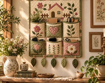 Modello di cucito PDF per organizer da parete trapuntato, arazzo da parete con applicazioni in stile cottage, organizer fai da te con tasche in tessuto, modello per quilt per principianti