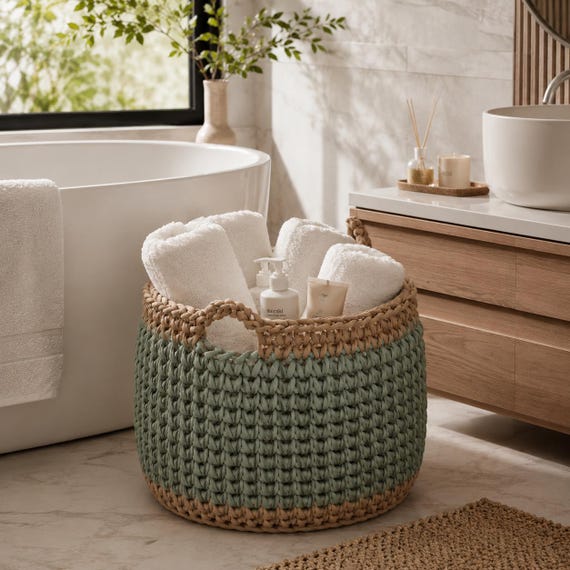 Chunky Storage Basket Pattern PDF, Modern T Shirt Yarn Home Organizer Tutorial