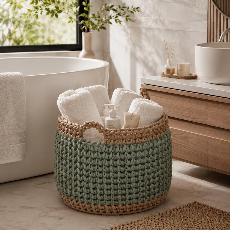May include: A round, two-toned woven basket in a bathroom setting. The basket is green at the bottom and tan at the top, and it holds rolled white towels, soap, and lotion. The bathroom has a white bathtub and a wooden vanity.