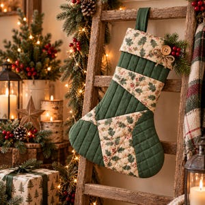 May include: A quilted Christmas stocking featuring alternating panels of solid dark green fabric and a cream-colored fabric with a holly leaf and berry print. The cuff is decorated with a single wooden button and a small sprig of pine needles.