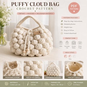 May include: Cream-colored, handmade crochet bag with a puffy cloud design. The bag features a drawstring closure, a lined interior with a pocket, and a wooden tag. The pattern is beginner-friendly and includes step-by-step instructions. Finished size is approximately 22 x 18 cm.