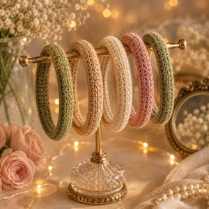 May include: A display of five crochet bracelets in shades of green, beige, cream, and pink. The bracelets are displayed on a gold-toned stand with a clear, decorative base. The bracelets are approximately 2 inches in diameter.