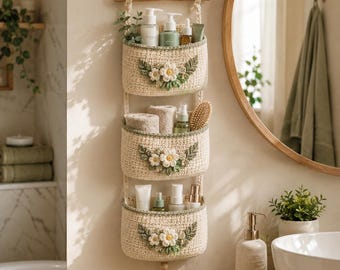 Crochet Hanging Organizer Pattern, Boho Floral Wall Basket Tutorial