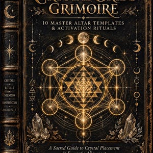 May include: A black book titled The Sacred Crystal Grids Grimoire with gold lettering and illustrations. The cover features a central geometric pattern, moon phases, and crystal graphics, with the text 10 Master Altar Templates & Activation Rituals.