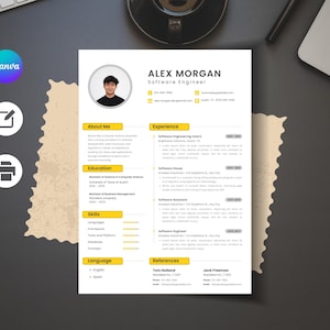 May include: A professional resume template featuring a clean white layout with yellow accents. It includes a circular profile photo, sections for About Me, Experience, Education, Skills, and References, with placeholder text and contact details.