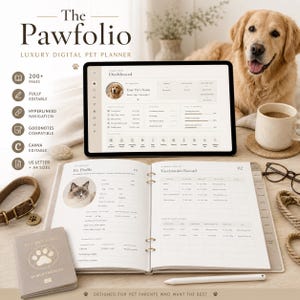 以下が含まれることがあります： タブレット画面に表示された「The Pawfolio」というデジタルペットプランナーと、ペットのプロフィールやワクチン接種記録が記載された開いた状態の物理的なバインダー。セットにはペット用パスポート、スタイラスペン、茶色の首輪、老眼鏡が含まれています。