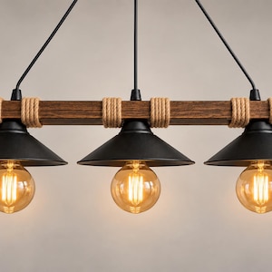 Può includere: Una lampada a sospensione lineare con una trave orizzontale in legno scuro avvolta da corda di juta naturale. Tre paralumi conici in metallo nero opaco sono sospesi alla trave, ognuno contenente una lampadina in stile Edison color ambra.