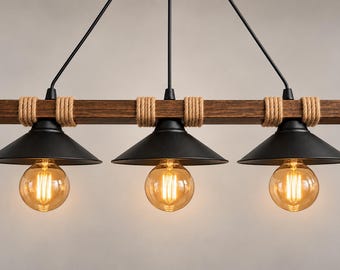 Lampada a sospensione rustica in legno, lampadario industriale a 3 luci, lampada da sala da pranzo in stile rustico
