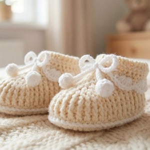 May include: A pair of cream-colored crocheted baby booties featuring a ribbed texture, a white scalloped trim along the ankle, and white crocheted laces tied in bows with small pom-poms at the ends of the strings.