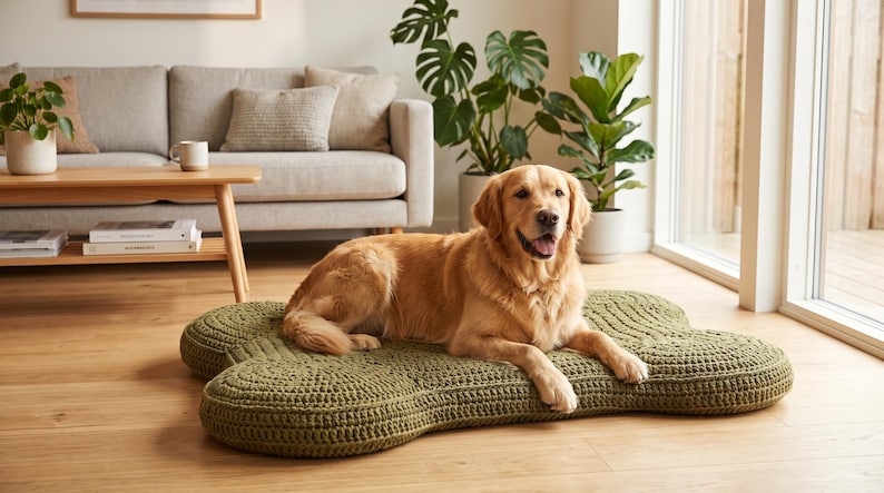 May include: A golden retriever dog resting on a large, olive green, bone-shaped pet bed. The bed features a thick, textured, crocheted surface with a distinct rounded edge design, providing a cushioned area for the dog to lie down on the floor.