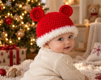 Crochet Santa Bear Baby Beanie Pattern, Christmas Hat (PDF)