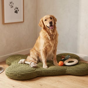 May include: A golden retriever sits on a large, bone-shaped olive green crocheted pet bed. The bed features a textured, looped yarn surface. Nearby are two ceramic bowls on a mat, a woven basket filled with various pet toys, and a rope toy.