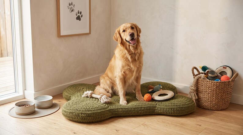May include: A golden retriever sits on a large, bone-shaped olive green crocheted pet bed. The bed features a textured, looped yarn surface. Nearby are two ceramic bowls on a mat, a woven basket filled with various pet toys, and a rope toy.