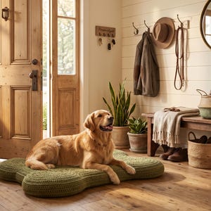 May include: A golden retriever dog resting on a large, bone-shaped olive green crocheted pet bed. The bed features a textured, thick yarn construction with a distinct rounded shape, positioned on a wooden floor in a bright entryway.