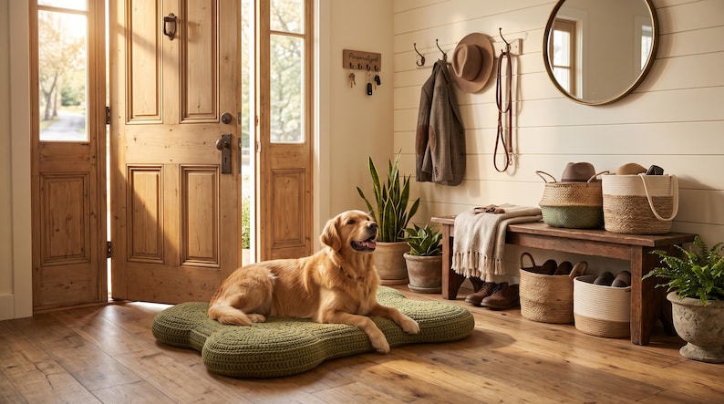 May include: A golden retriever dog resting on a large, bone-shaped olive green crocheted pet bed. The bed features a textured, thick yarn construction with a distinct rounded shape, positioned on a wooden floor in a bright entryway.