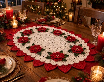 Christmas Crochet Centerpiece Pattern, Floral Oval Table Decor (PDF)