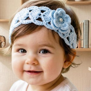 May include: A light blue crochet headband featuring an intricate openwork pattern and a large, layered crochet flower accent on the side. The center of the flower is embellished with a small, round, white pearl-like bead for a decorative finish.