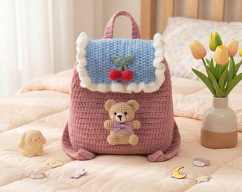 Crochet Cherry Bear Backpack Pattern, Kawaii Amigurumi Bag PDF