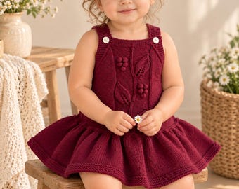 Baby Knit Pinafore Dress Pattern, Leaf & Bud Lace, Crochet Bud Details (PDF)