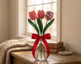 Easy Amigurumi Tulip Bouquet, Handmade Floral Decor Pattern, Crochet Tulip Flower Stick PDF