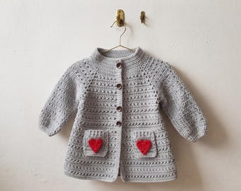 Crochet Baby Cardigan Pattern, Long Sleeves, Heart Details (PDF)