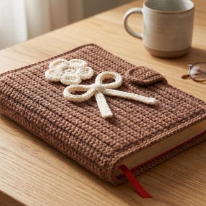 May include: A rectangular book encased in a brown crocheted cover featuring a cream-coloured crocheted flower and a bow embellishment on the front. The cover includes a small side tab closure and a red ribbon bookmark extending from the bottom edge.