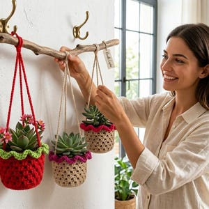 May include: Three crocheted plant hangers suspended from a natural driftwood branch mounted on a wall. The hangers feature red, beige, and tan yarn with scalloped edges in green, purple, and red, each containing a small green succulent plant.