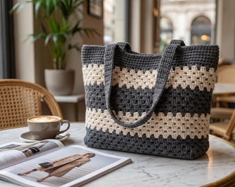 Crochet Tote Bag Pattern, Granny Stitch Shoulder Bag PDF, Beginner Friendly (Color Block)