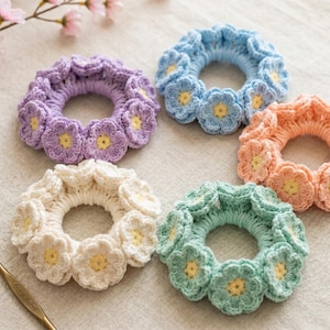 Crochet Flower Scrunchie Pattern, Easy Beginner Friendly PDF, Hair Tie Crochet Tutorial