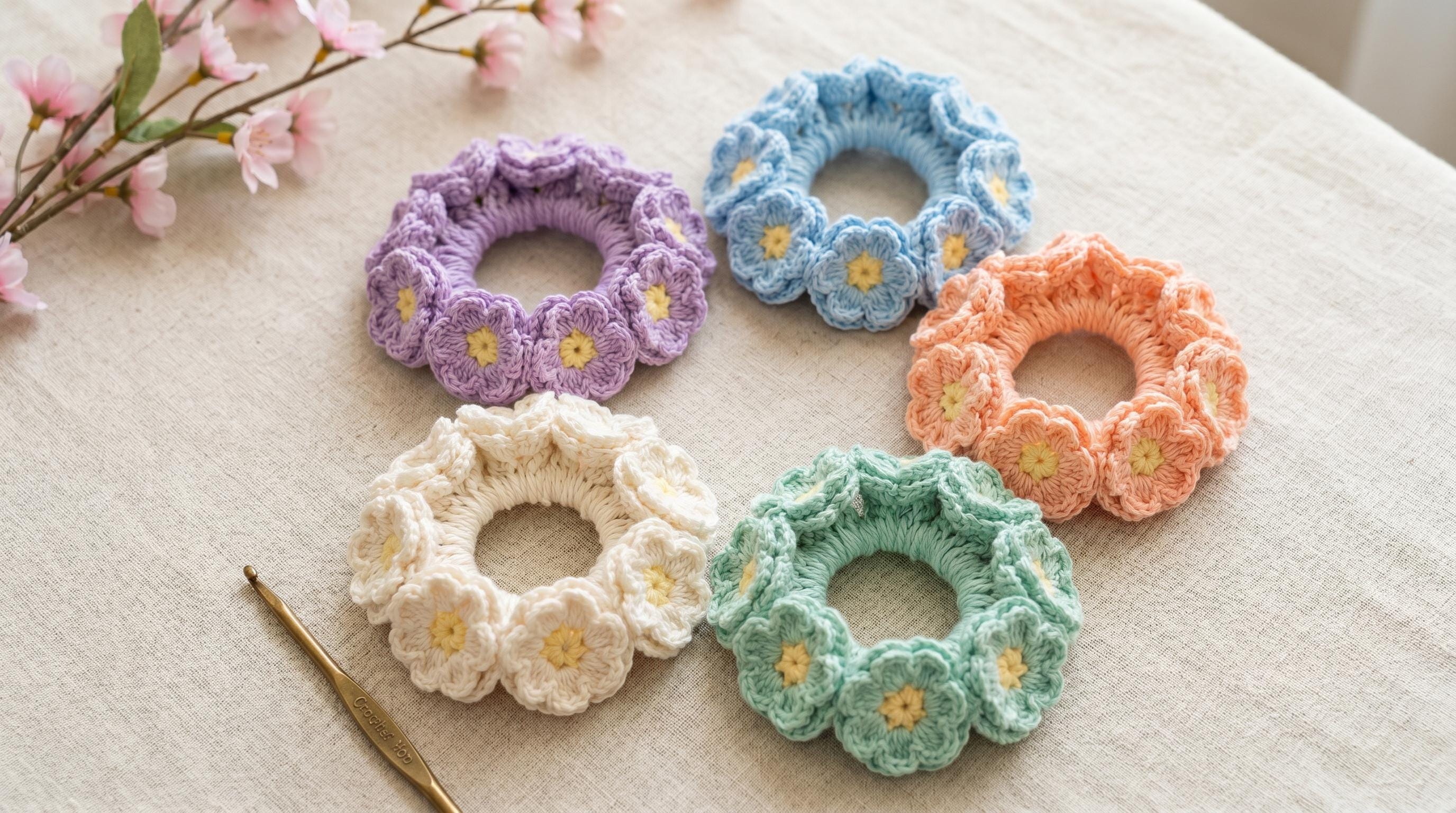 39 Crochet Scrunchies with Flowers, Ruffles, Bows, and Cherries 2 Crochet Flower Scrunchie