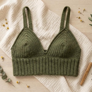 May include: An olive green crochet bralette top featuring a V-neckline, two shoulder straps, and a ribbed hem band. The garment is constructed with a dense, textured stitch pattern and is displayed alongside a wooden crochet hook and metal pins.